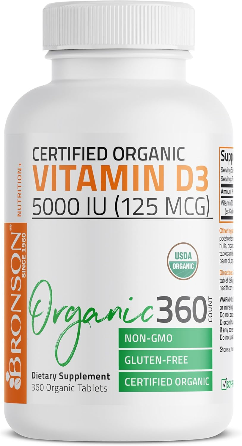 Bronson Vitamin D3 5,000 IU (125 Mcg) Certified Organic High  Non-Gmo Vitamin D Supplement, 360 Tablets
