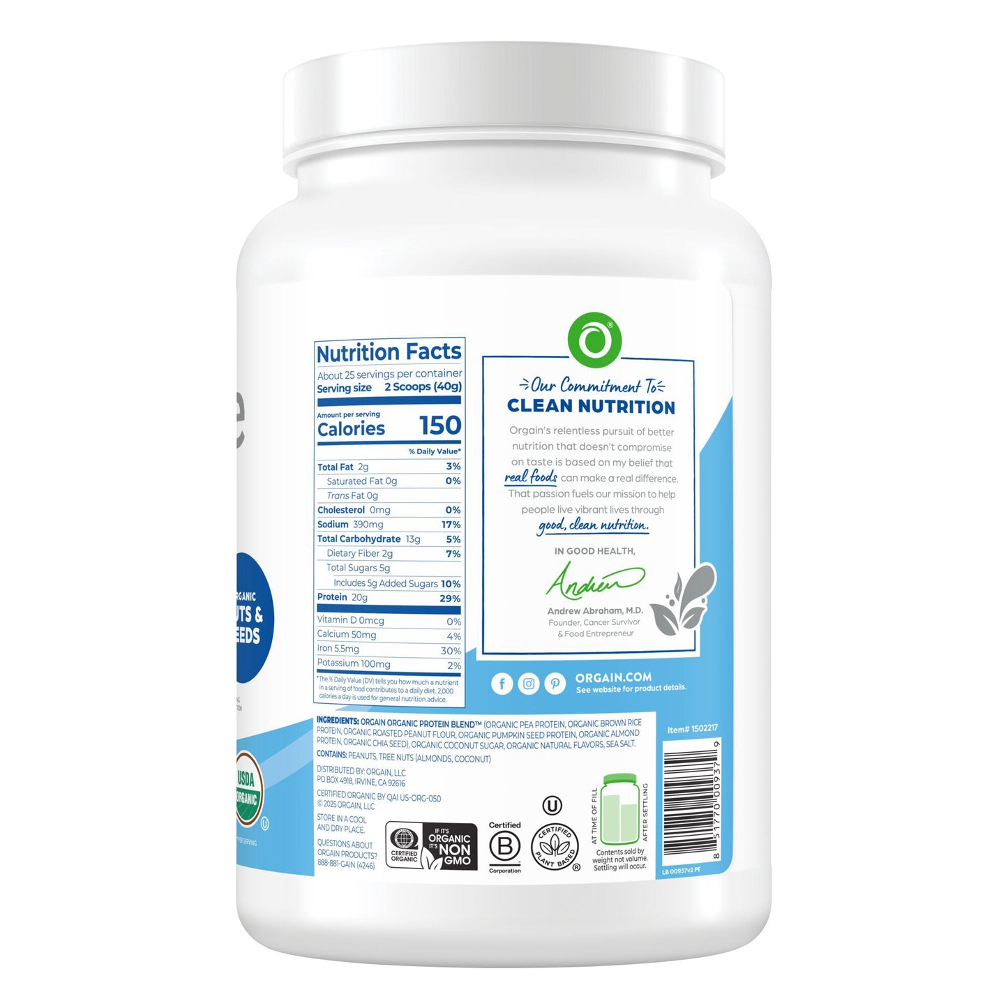 Orgain USDA Organic Simple Plant Protein Powder, Creamy Vanilla, 32.6 Oz