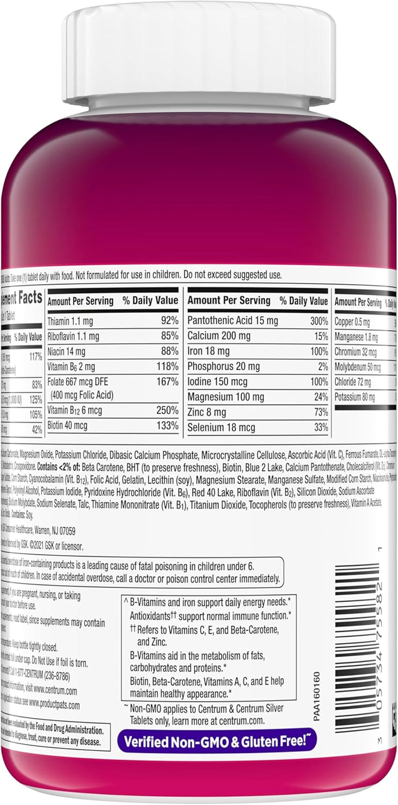 Centrum Multivitamin for Women, Multimineral Supplement with Iron, Vitamin D3, B Vitamins and Antioxidant Vitamins C and E, Gluten Free, Non-Gmo Ingredients - 250 Count