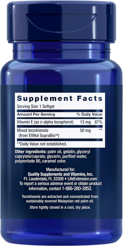 Life Extension Super Absorbable Tocotrienols, Vitamin E as D-Alpha Tocopherol, Mixed Tocotrienols, Support Hair Growth, Brain Function, Gluten-Free, Non-Gmo, 60 Softgels