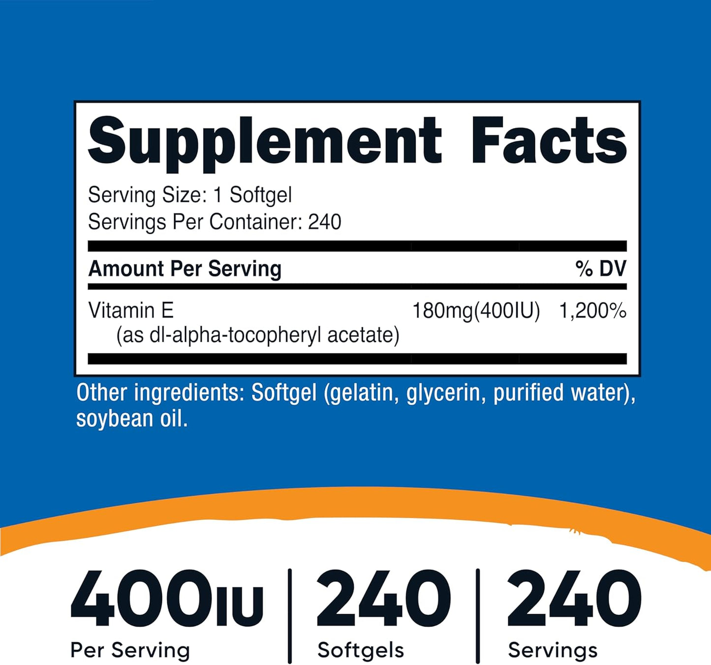 Vitamin E 400 IU, 240 Softgel Capsules - Gluten Free, Non-Gmo