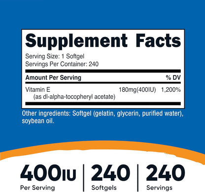 Vitamin E 400 IU, 240 Softgel Capsules - Gluten Free, Non-Gmo