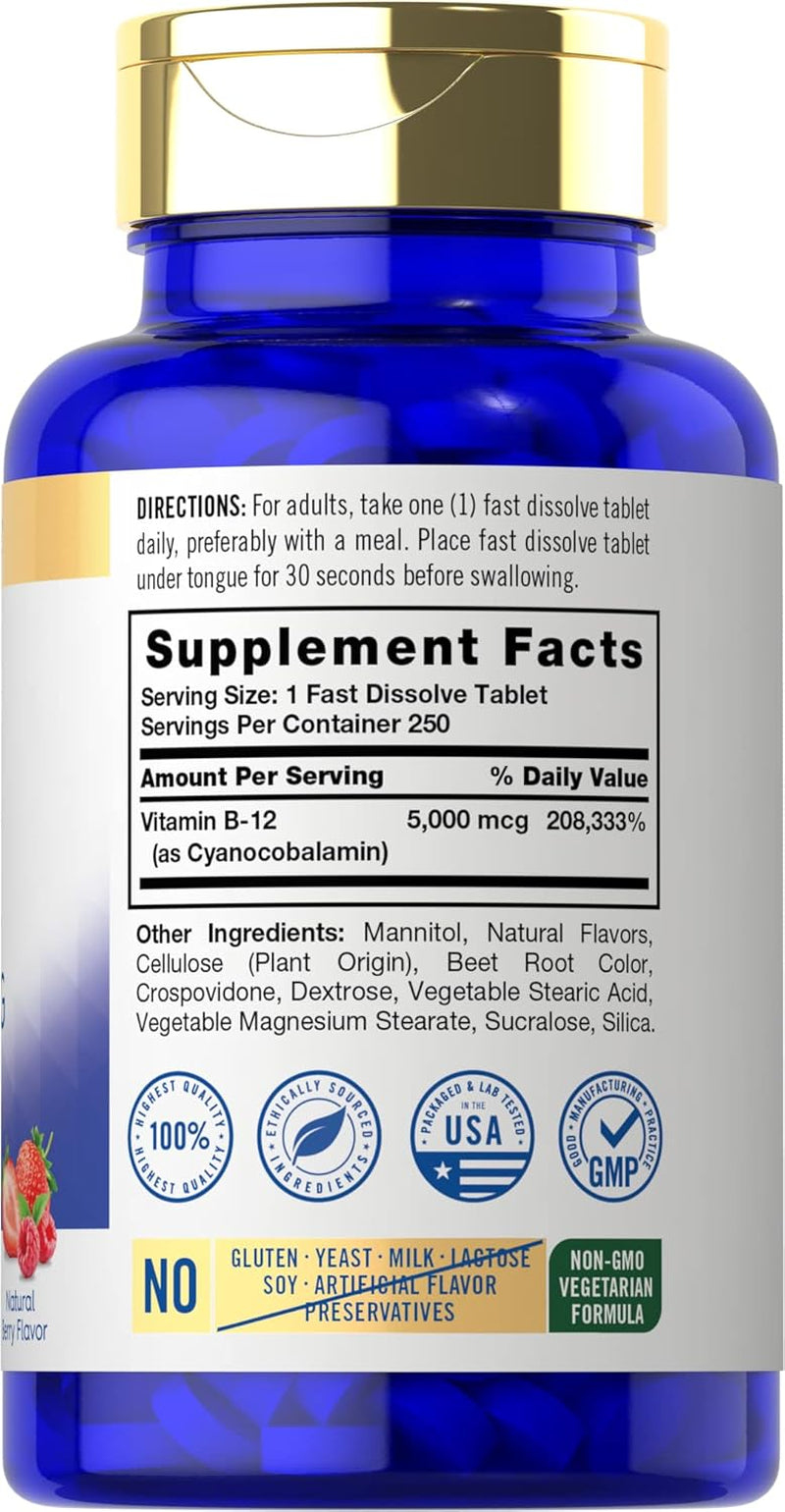 Carlyle B12 Vitamin 5000 Mcg Sublingual | 250 Fast Dissolve Tablets | High  | Natural Berry Flavor | Vegetarian, Non-Gmo & Gluten Free