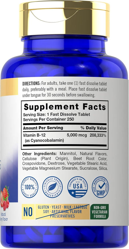 Carlyle B12 Vitamin 5000 Mcg Sublingual | 250 Fast Dissolve Tablets | High  | Natural Berry Flavor | Vegetarian, Non-Gmo & Gluten Free