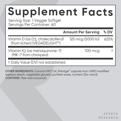 Sports Research® Vitamin D3 + K2 W/ Coconut Oil - Vegan Vitamin D 5000Iu & Mk7 Vitamin K 100Mcg for Bone & Immune Support - Vegan Certified · Non-Gmo · Soy Free - 60 Softgels