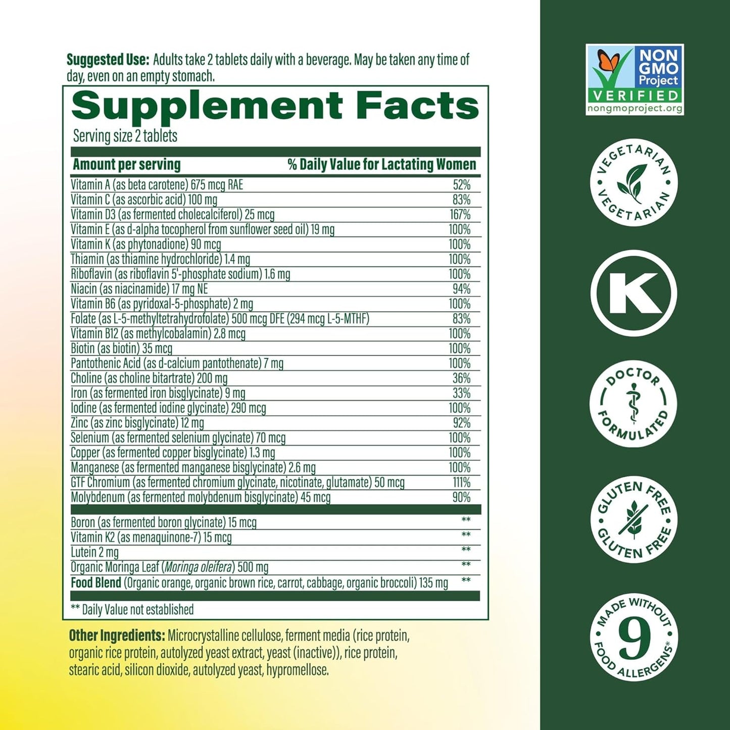 Megafood Baby & Me 2 Postnatal Vitamins for Women Breastfeeding with Folate (Folic Acid Natural Form), Choline, Iodine, Vitamin D, Moringa Leaf and More - 120 Tabs (60 Servings)