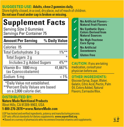 Nature Made Vitamin B12 Gummies 1000 Mcg per Serving, Dietary Supplement for Energy Metabolism Support, B12 Vitamins, 150 Gummy Vitamins, 75 Day Supply