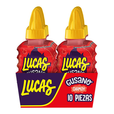 Lucas Gusano Fruity Chamoy Flavored Liquid Spicy Candy, 1.26Oz - 10 Pieces Pack for Treats, Fruit, Snack, Parties, Piñatas