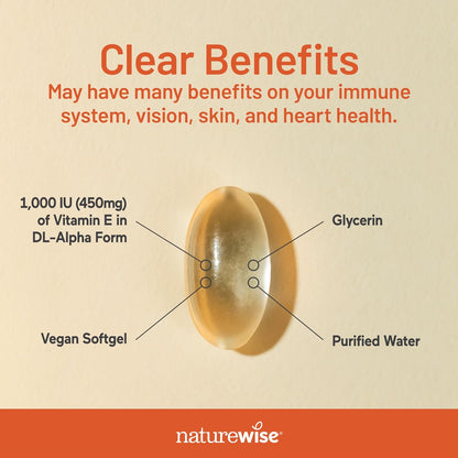 Naturewise Vitamin E 1000 IU Softgels (450Mg Dl-Alpha) - Vegan, Gluten-Free, Soy-Free, Non-Gmo Antioxidant Dietary Supplement for Skin, Heart, Eye, and Immune Health Support - 60-Day Supply, 120 Count