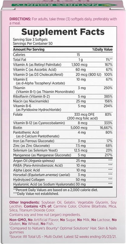 Nature'S Bounty Advanced Hair, Skin & Nails, Argan-Infused Vitamin Supplement with Biotin and Hyaluronic Acid, 150 Rapid Release Softgels, 50 Total Servings