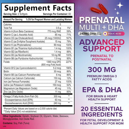 Prenatal Vitamins for Women with Folic Acid + Omega 3 DHA for Fetal Brain Development, Best Prenatal Vitamin Supplement, Daily Pregnancy Multivitamin Nutritional Support, Vegan, Non-Gmo, 120 Softgels