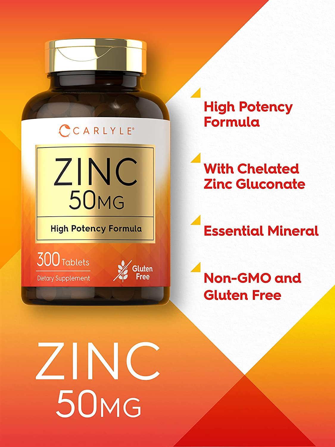 Carlyle Zinc 50Mg | 300 Tablets | Vegetarian, Non-Gmo, and Gluten Free Supplement | Zinc Gluconate | High  Formula