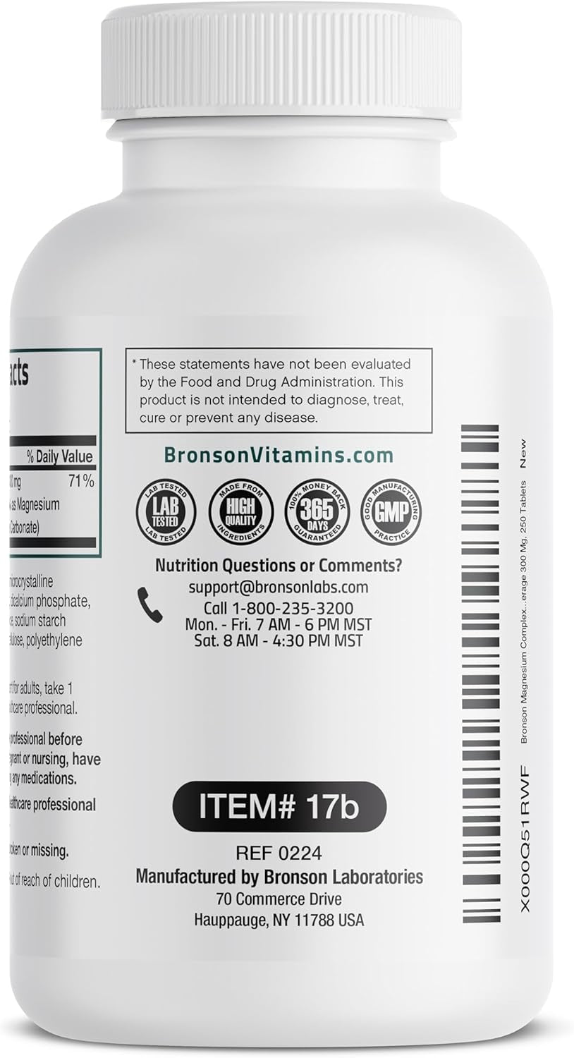 Bronson Triple Magnesium Complex Maximum Coverage 300Mg - Non-Gmo Formula, 250 Tablets
