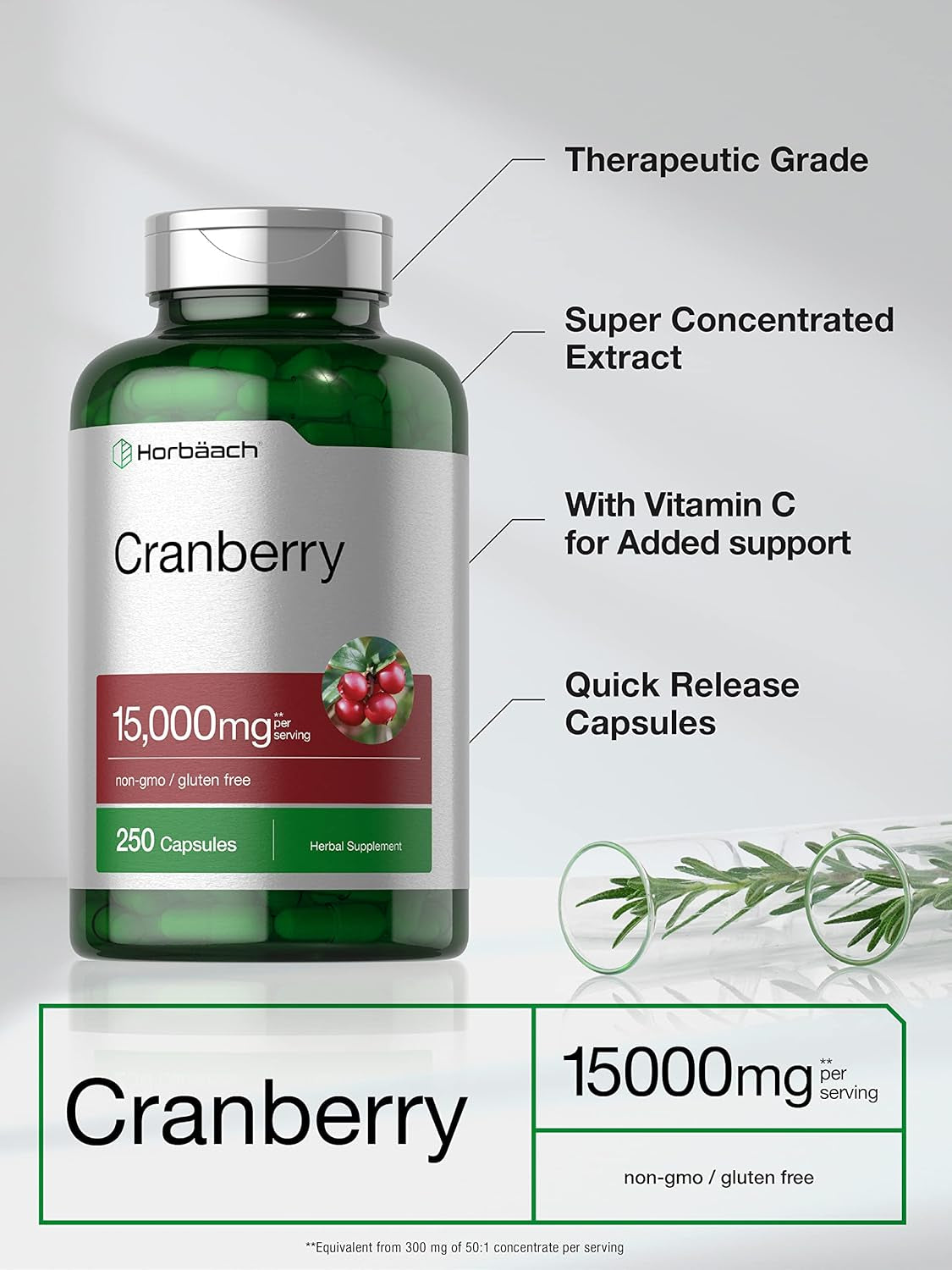 Horbäach Cranberry Pills + Vitamin C | 15,000Mg | 250 Capsules | Non-Gmo and Gluten Free Supplement from Concentrate Extract