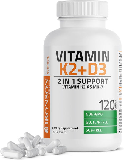 Bronson Vitamin K2 (MK7) with D3 Supplement Non-Gmo Formula 5000 IU Vitamin D3 & 90 Mcg K2 MK-7 Easy to Swallow D & K Complex, 120 Capsules
