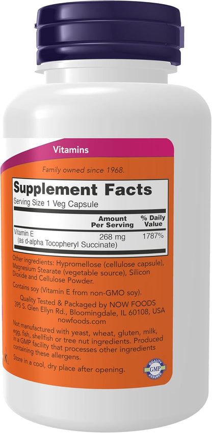 NOW Foods Supplements, Vitamin E-400 IU D-Alpha Tocopheryl, Dry, Antioxidant Protection*, 100 Veg Capsules