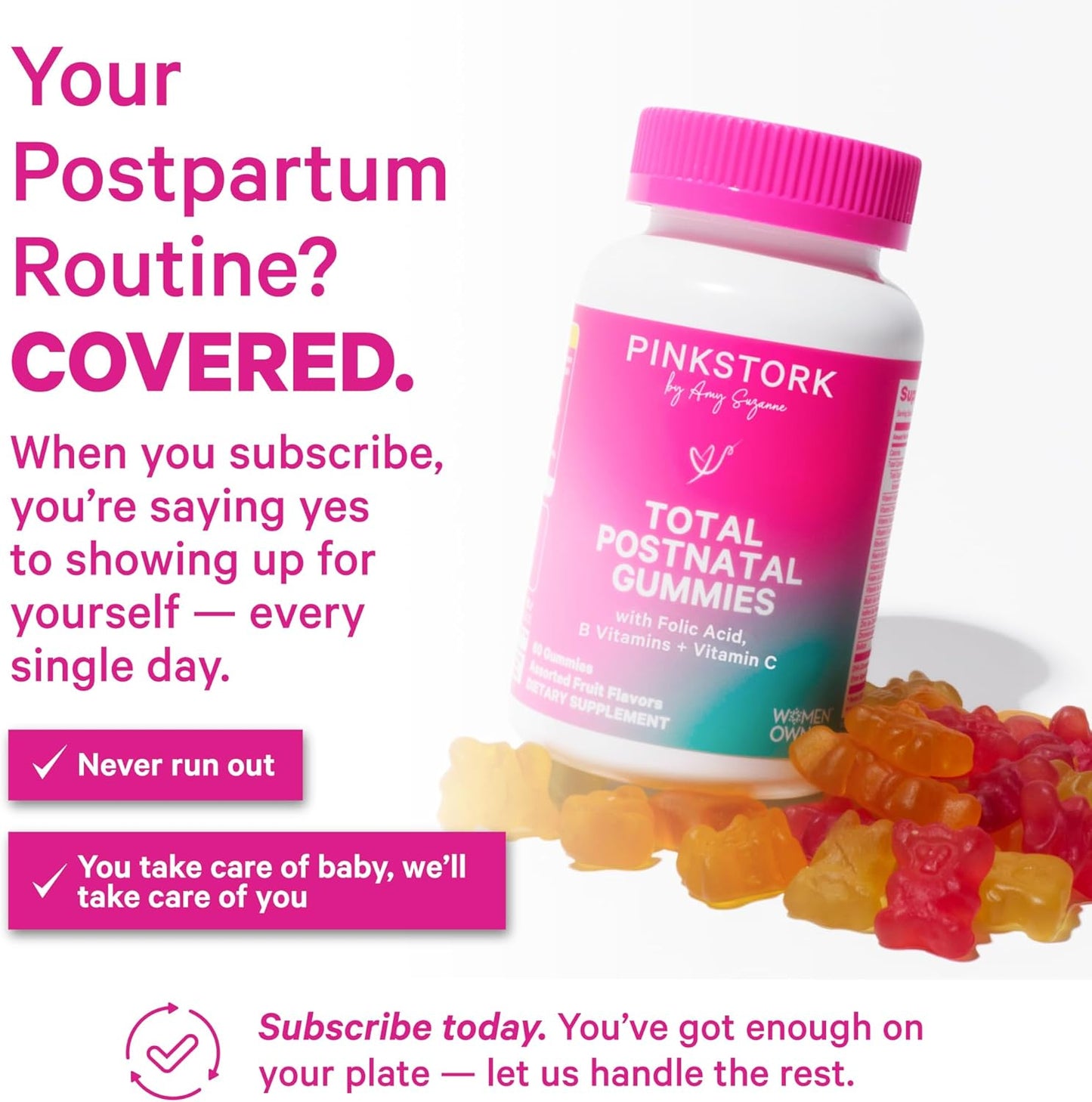 Pink Stork Total Postnatal Vitamin Gummies - Multivitamin for Postpartum Recovery and Lactation Support - Folic Acid, B6, & Vitamin C - Postpartum Essentials - 60 Gummy Vitamins