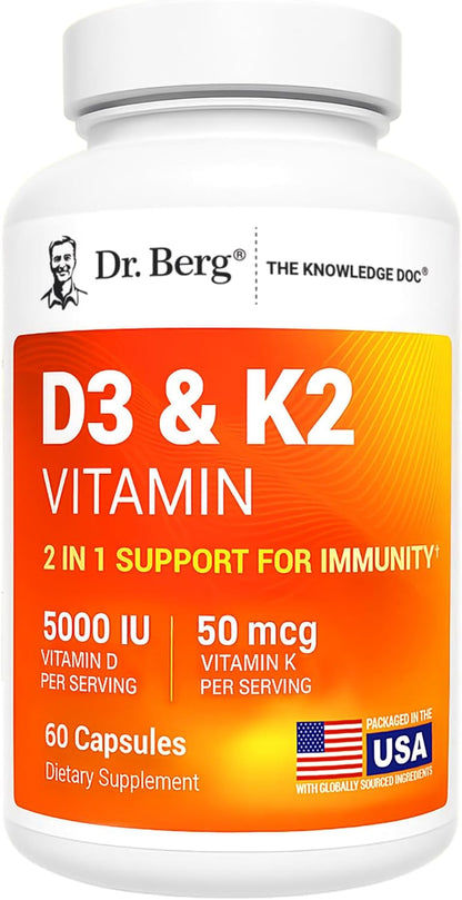 Dr. Berg Maximum Strength 2-In-1 Vitamin D3 K2 5000 IU | Naturally Derived D3 | 4X Lab-Tested & Verified | High Absorption Formula | K2 D3 Vitamin Supplement - 60 Capsules
