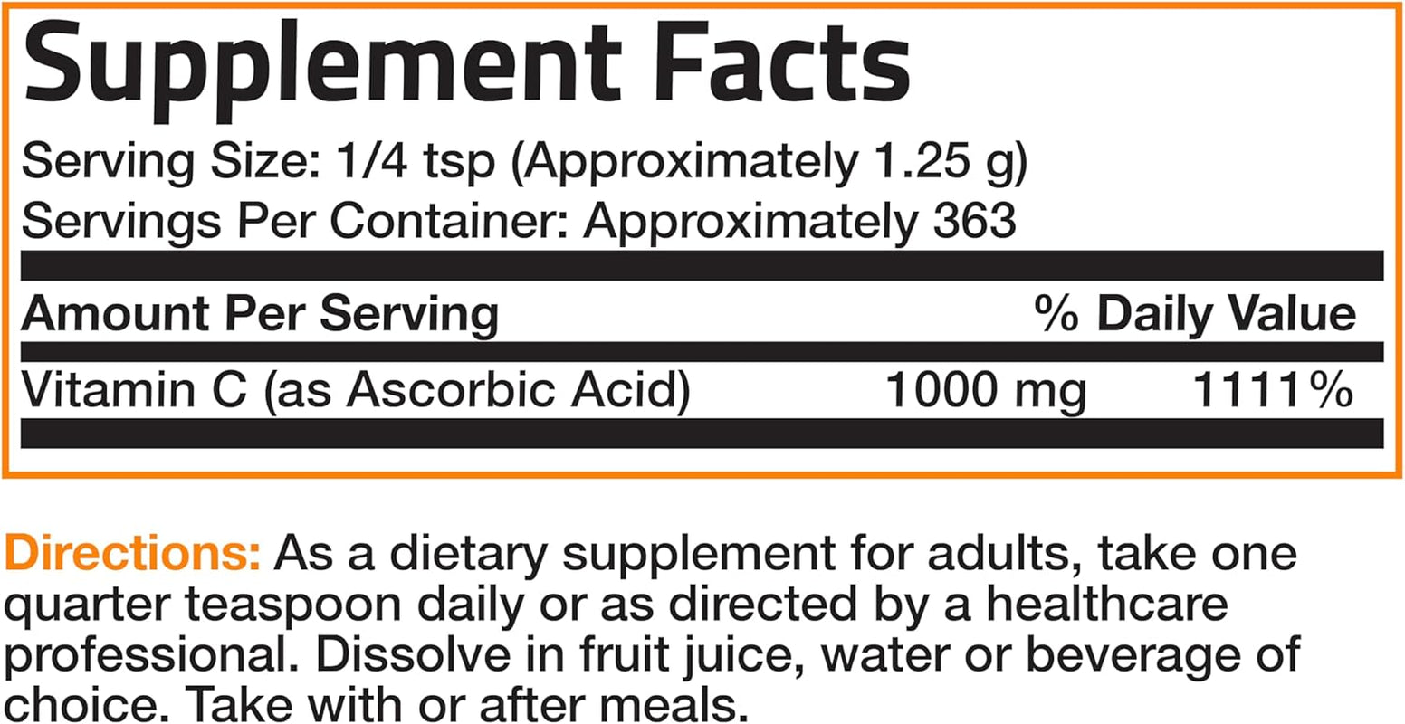 Bronson Vitamin C Powder Pure Ascorbic Acid Soluble Fine Non GMO Crystals – Promotes Healthy Immune System and Cell Protection – Powerful Antioxidant - 1 Pound (16 Ounces)