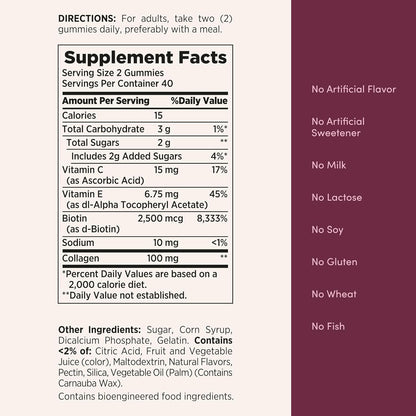 Nature'S Bounty Optimal Solutions Hair, Skin & Nails with Biotin and Collagen, Citrus-Flavored Gummies Vitamin Supplement, 2500 Mcg, 80 Ct, 40 Total Servings