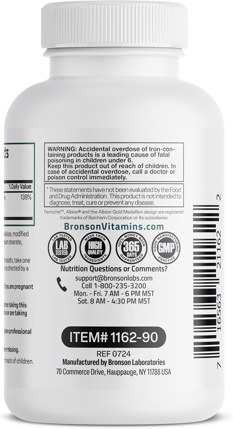 Bronson Iron Bisglycinate 25 Mg Gentle on the Stomach, Supports Energy & Healthy Red Blood Cell Production - Non-Constipating Formula - Non GMO, 90 Vegetarian Capsules