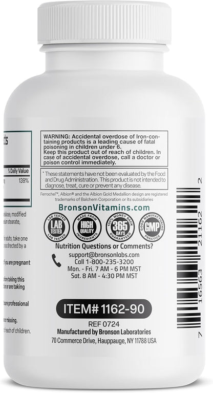 Bronson Iron Bisglycinate 25 Mg Gentle on the Stomach, Supports Energy & Healthy Red Blood Cell Production - Non-Constipating Formula - Non GMO, 90 Vegetarian Capsules