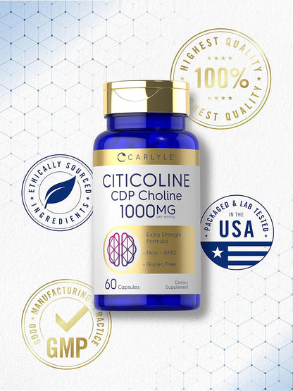 Carlyle Citicoline CDP Choline 1000Mg | 60 Capsules | Extra Strength Formula | Non-Gmo, Gluten Free Supplement