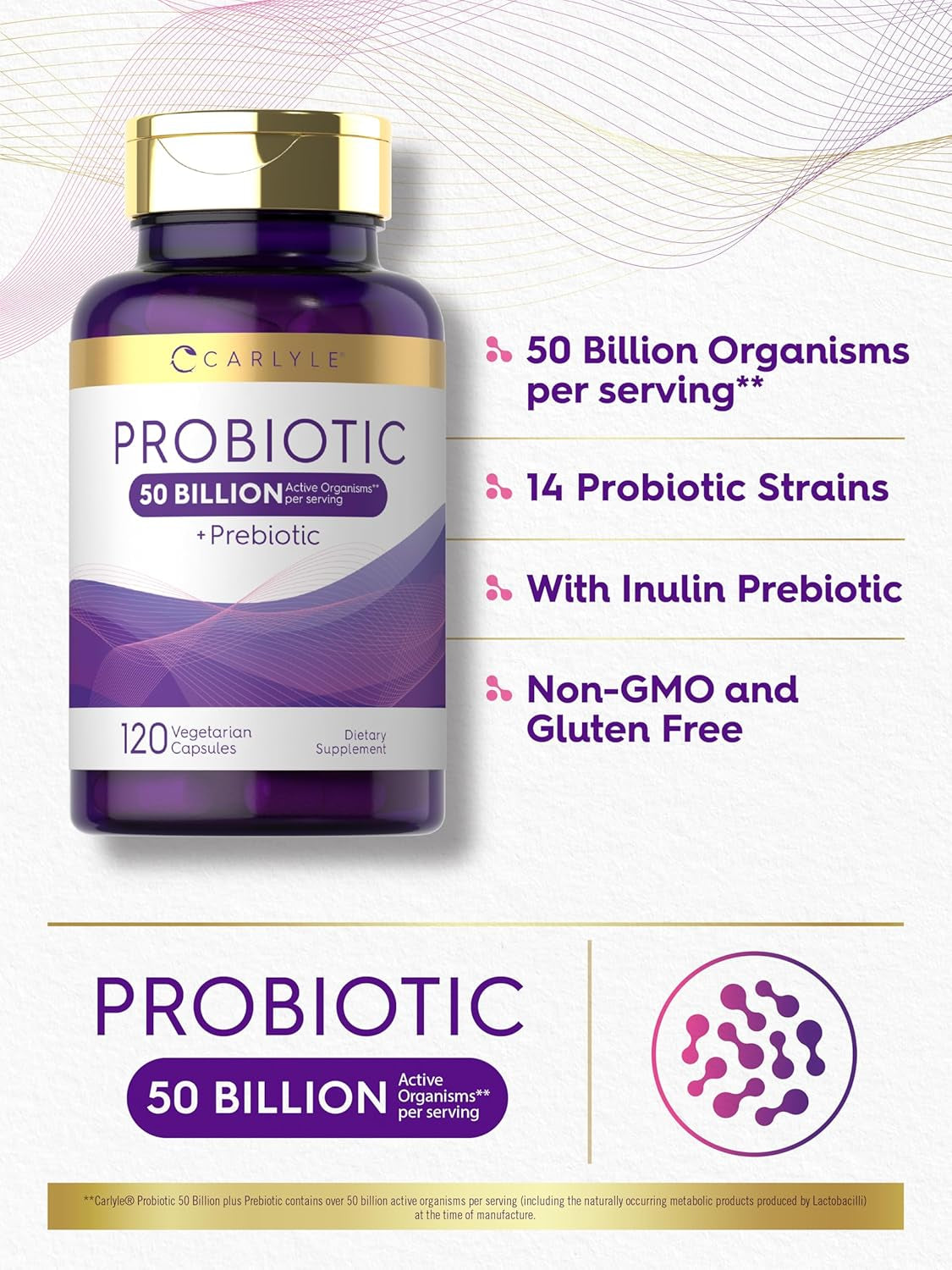 Carlyle Probiotic with Prebiotic Supplement | 120 Capsules | 50 Billion Active Organisms | Vegetarian, Non-Gmo and Gluten Free