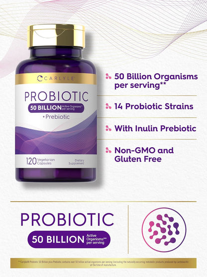 Carlyle Probiotic with Prebiotic Supplement | 120 Capsules | 50 Billion Active Organisms | Vegetarian, Non-Gmo and Gluten Free