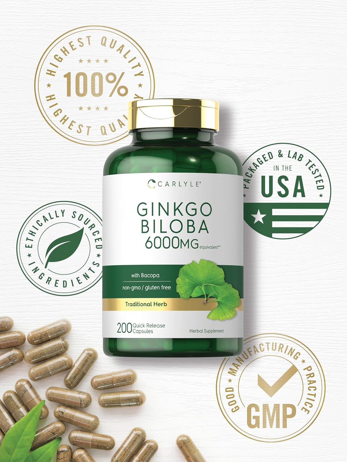 Carlyle Ginkgo Biloba Pills | 6000Mg | 200 Capsules | with Bacoba Extract | Extra Strength, Non-Gmo and Gluten Free Herbal Supplement