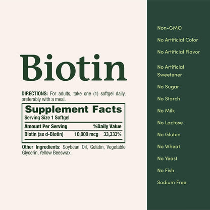 Nature'S Bounty Biotin Hair Skin and Nails Vitamins, Supports Healthy Hair, Skin and Nails, 10,000 Mcg, Rapid Release Softgels, 180 Ct