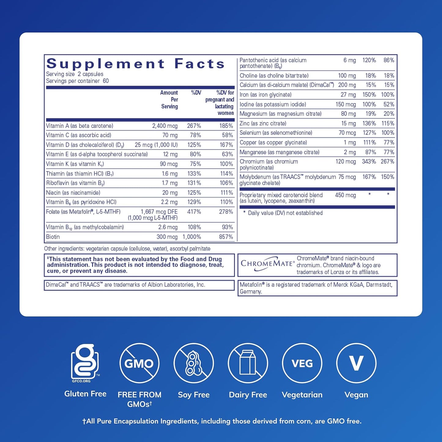 Pure Encapsulations Prenatal Nutrients - for Pregnancy & Lactation - Aids Energy & DNA Development* - with Folate, Choline & Iron - Gluten Free & Non-Gmo - 120 Capsules