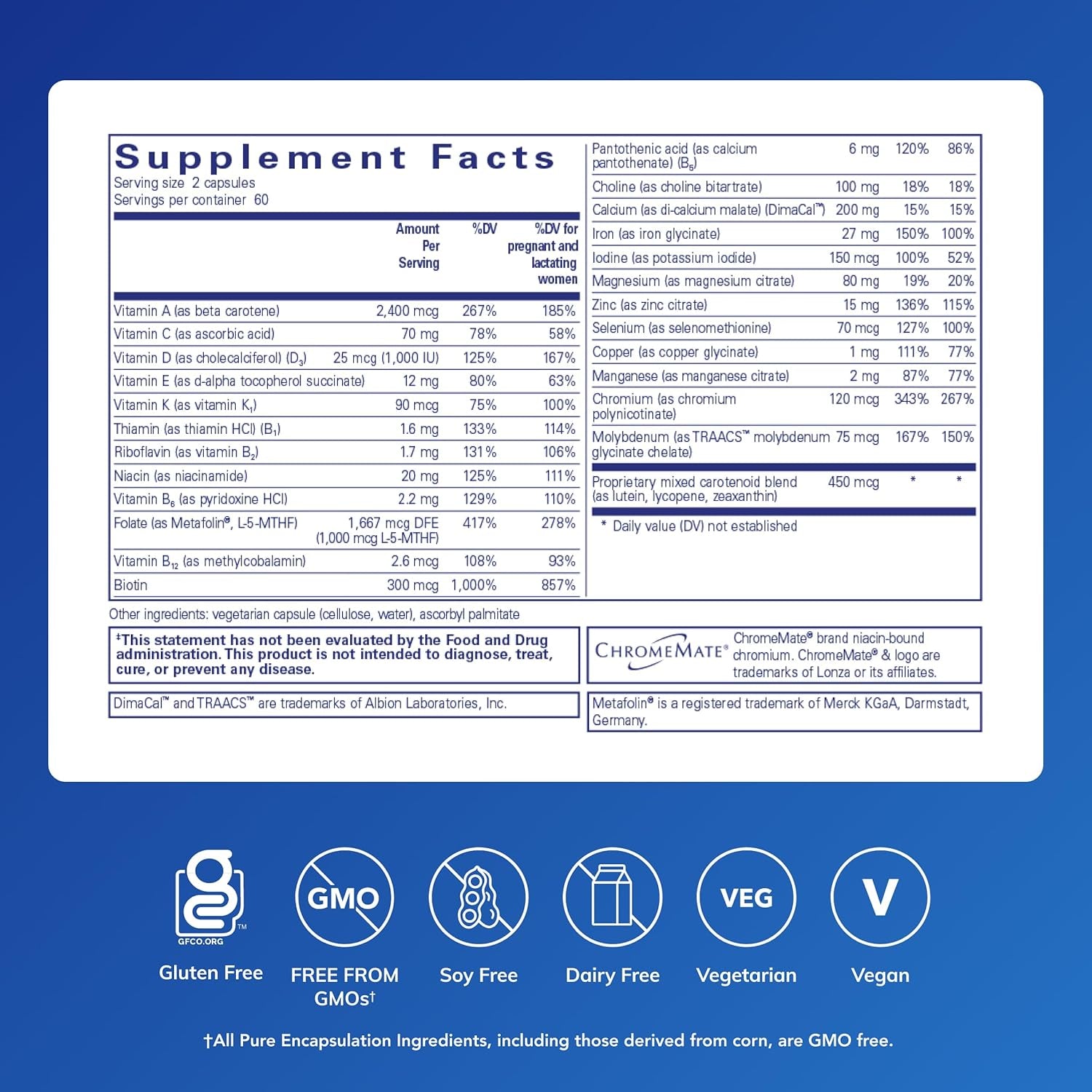 Pure Encapsulations Prenatal Nutrients - for Pregnancy & Lactation - Aids Energy & DNA Development* - with Folate, Choline & Iron - Gluten Free & Non-Gmo - 120 Capsules