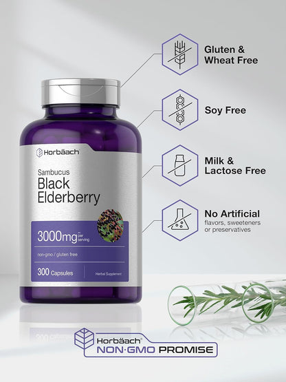 Horbäach Black Elderberry | 3000Mg Capsules | 300 Count | Non-Gmo, Gluten Free | Sambucus Supplement