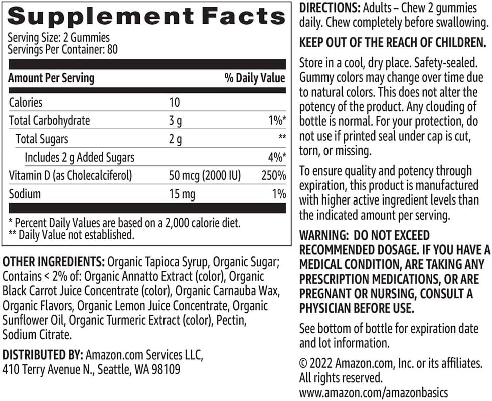 Vitamin D3 2000 IU Gummies, Orange, Lemon & Strawberry, 160 Count (2 per Serving) (Previously Solimo)