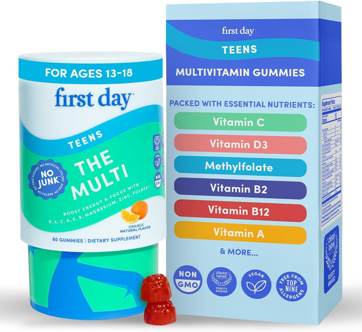 FIRST DAY Vitamins for Teens - Teen Multi Vitamins for Girls & Boys 12-17, Organic Fruit & Veggie Blend - 12 Key Nutrients: Vitamins A, B1, B2, B6, B9, B12, C, D3, E, K2-30 Day Supply