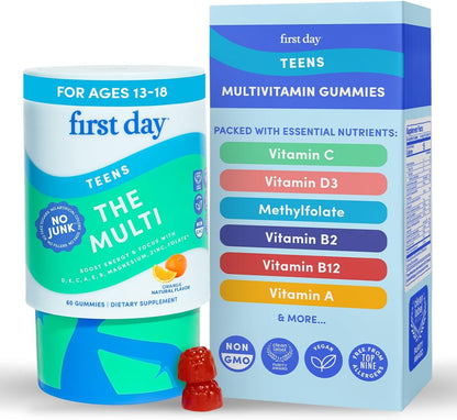FIRST DAY Vitamins for Teens - Teen Multi Vitamins for Girls & Boys 12-17, Organic Fruit & Veggie Blend - 12 Key Nutrients: Vitamins A, B1, B2, B6, B9, B12, C, D3, E, K2-30 Day Supply