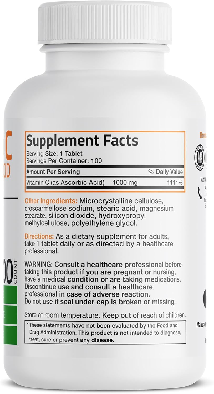 Bronson Vitamin C 1000Mg Premium Non-Gmo Ascorbic Acid Tablets, 100 Count