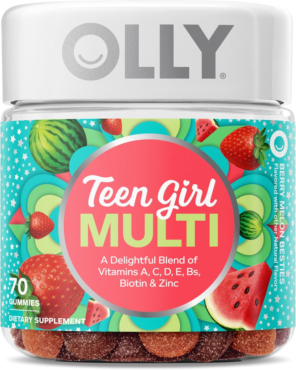 Olly Teen Girl Multi Gummy, Healthy Skin and Immune Support, 15 Essential Vitamins, Biotin, Zinc, Calcium, Chewable Multivitamin, Berry Melon, 35 Day Supply, 70 Count