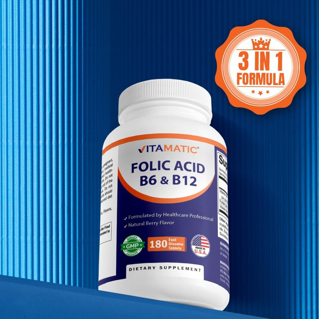 Vitamatic Folic Acid, Vitamin B12 & B6 – 180 Fast Dissolve Tablets Heart Health, Energy Production & Red Blood Cell Support