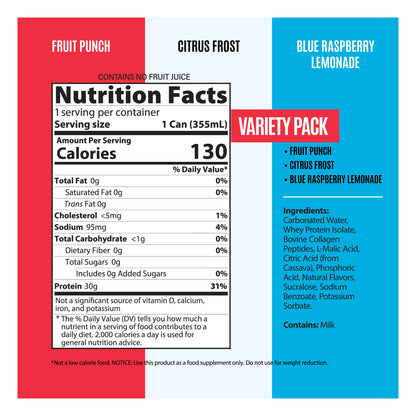 Genius Gourmet Sparkling Clear 30G Protein Variety Pack, 12 Fl Oz, 15-Pack