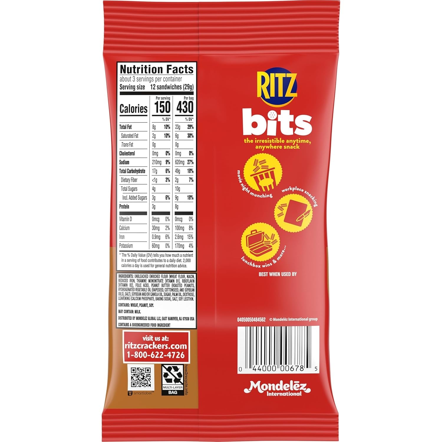 RITZ Bits Peanut Butter Sandwich Crackers, 3 Oz Bags Case of 12