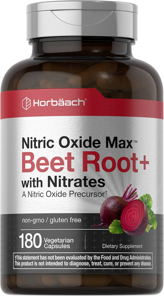 Horbäach Nitric Oxide Beet Root Capsules | 180 Count | with Nitrates and Precursor | for Men and Women | Vegetarian, Non-Gmo, Gluten Free Supplement