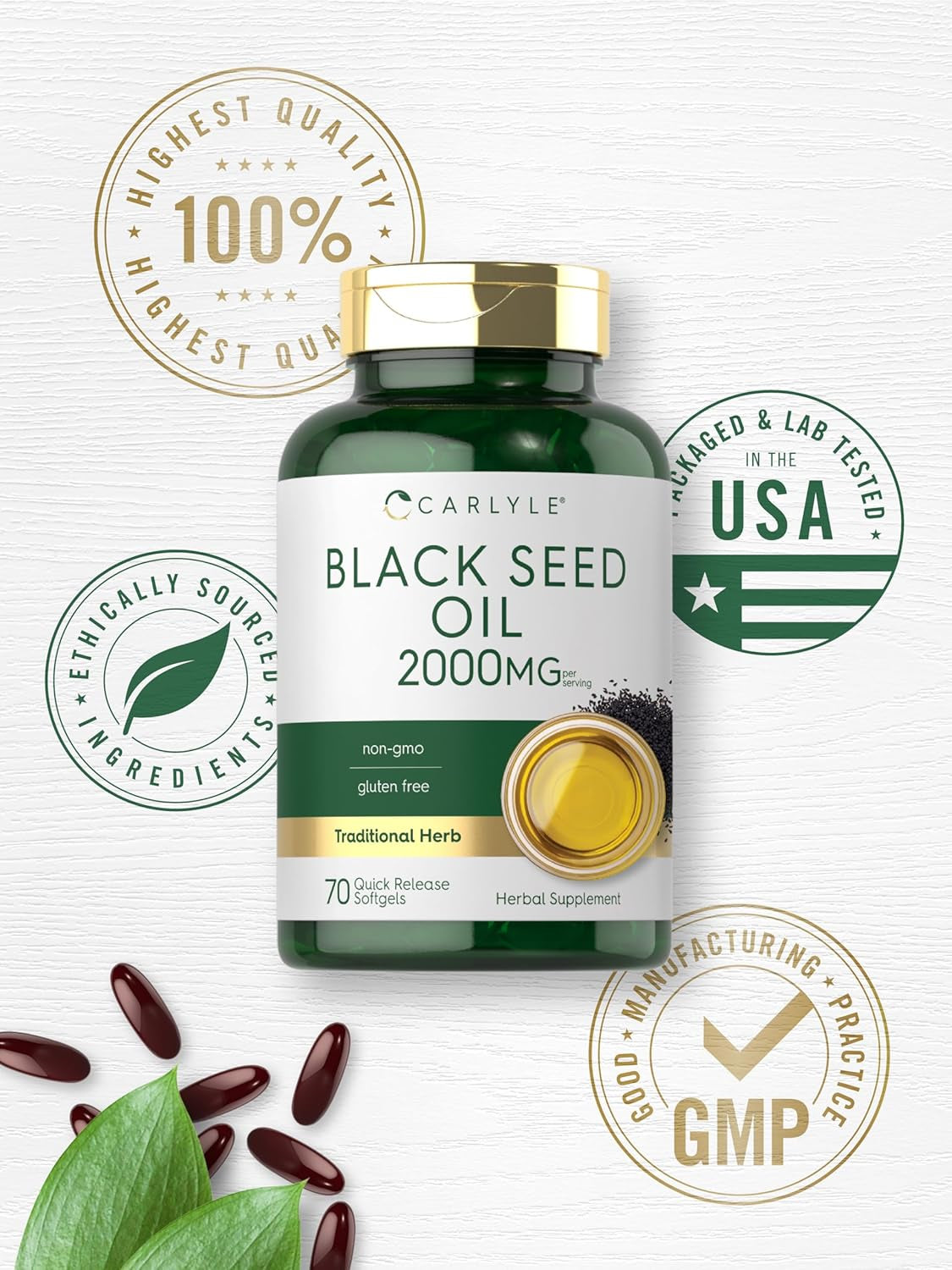 Carlyle Black Seed Oil Softgel Capsules | 2000Mg | 70 Pills | for Women & Men | Non-Gmo, Gluten Free Herbal Supplement