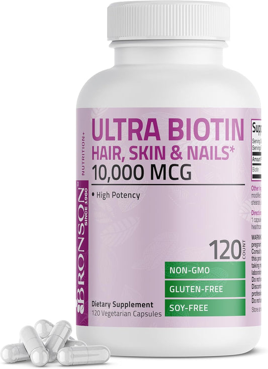 Bronson Ultra Biotin 10,000 Mcg Hair Skin and Nails Supplement, Non-Gmo, 120 Vegetarian Capsules