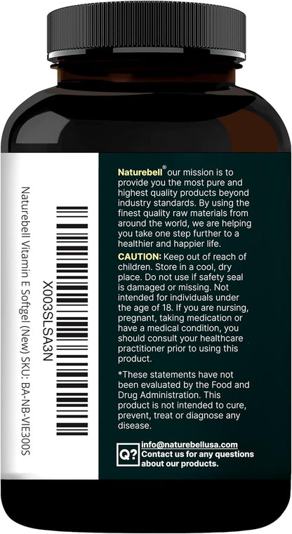 Naturebell Vitamin E Oil Softgels, 1,000 IU per Serving, 300 Pills | Essential Antioxidant Supplements, Easily Absorbed Form – Supports Skin, Heart, & Immune Health – Non-Gmo