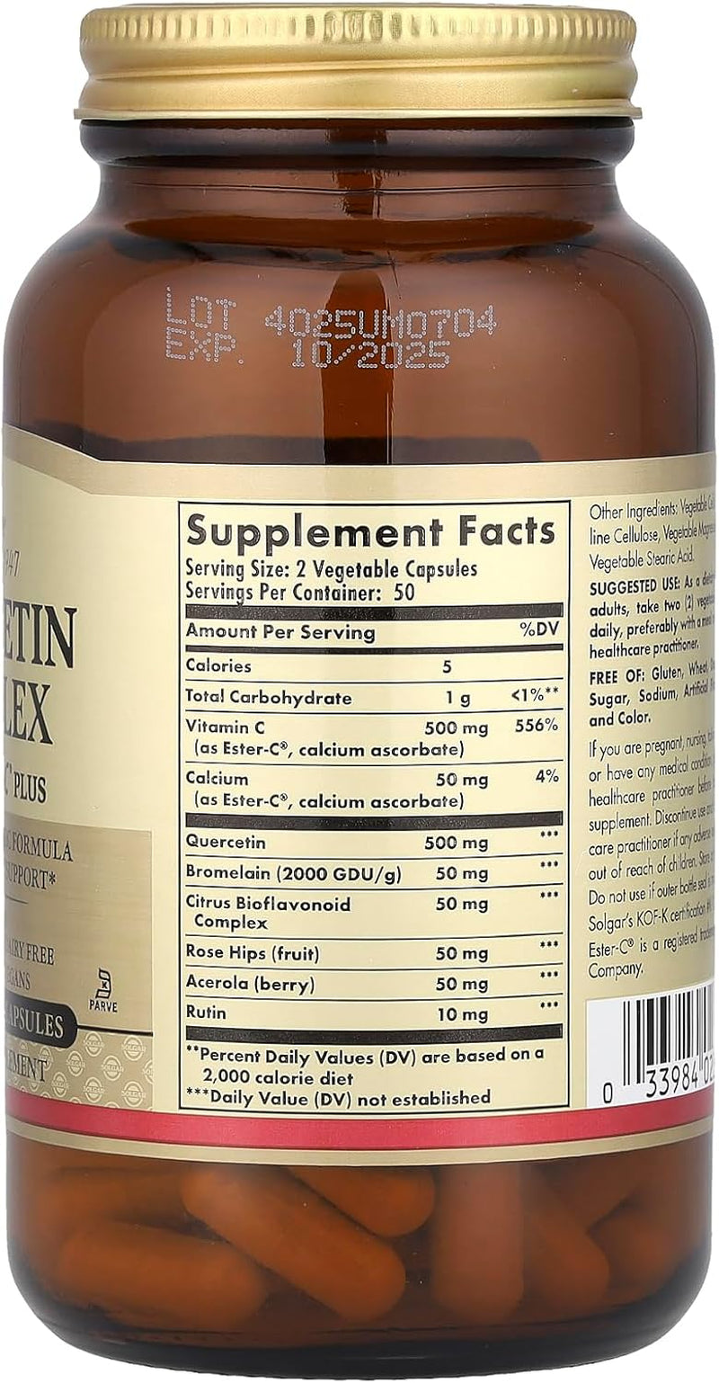 Solgar Quercetin Complex with Ester-C Plus, 100 Vegetable Capsules - Supports Immune Health, Antioxidant - Gentle on the Stomach Vitamin C - Non-Gmo, Vegan, Gluten/Dairy Free - 50 Servings