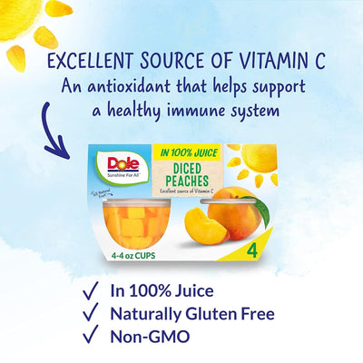 Dole Fruit Bowls Diced Peaches in 100% Juice Snacks, 4Oz 4 Total Cups, Gluten & Dairy Free, Bulk Lunch Snacks for Kids & Adults