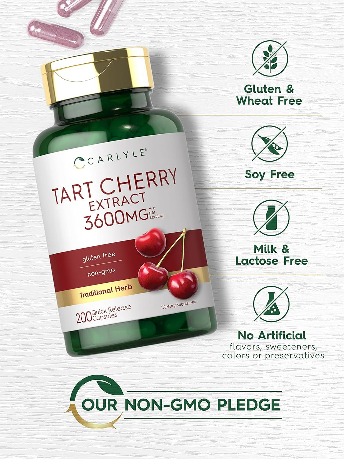 Carlyle Tart Cherry Extract Capsules | 200 Count | Non-Gmo and Gluten Free Formula | Traditional Herb Supplement