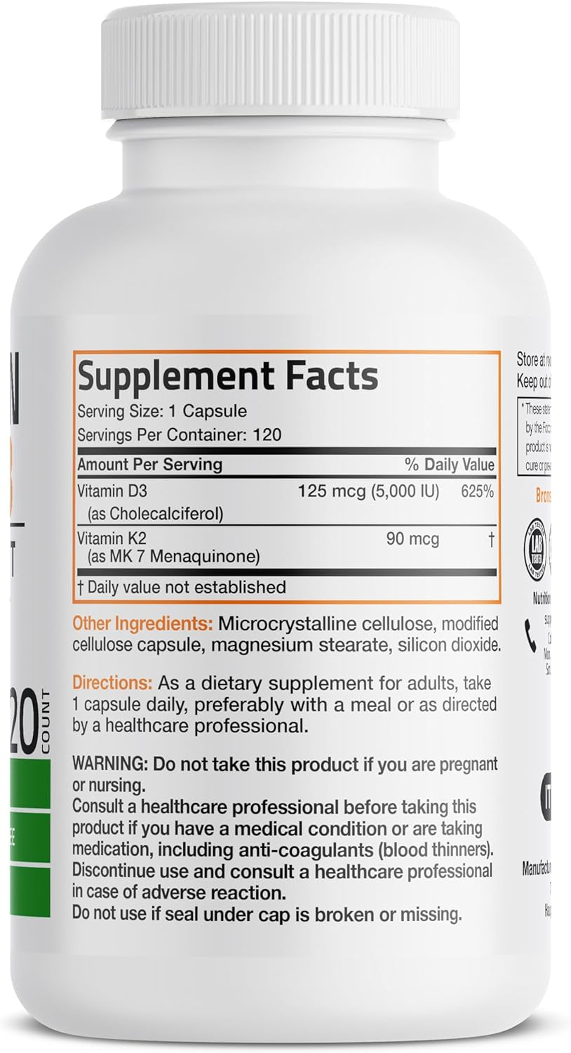 Bronson Vitamin K2 (MK7) with D3 Supplement Non-Gmo Formula 5000 IU Vitamin D3 & 90 Mcg K2 MK-7 Easy to Swallow D & K Complex, 120 Capsules